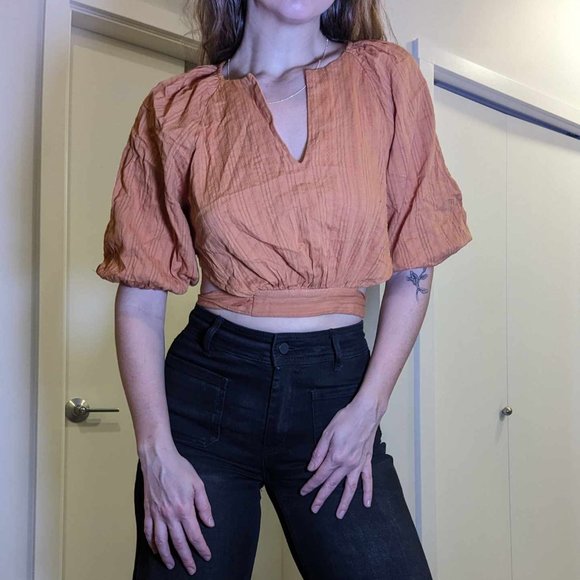 100% Cotton Boho Cropped Tie-Waist Puff-Sleeve Blouse Rust Colour Cottagecore - Picture 1 of 9